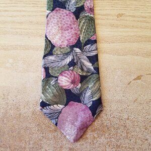 Savoy mens necktie blue, pink, green, gray leaves and fruit design